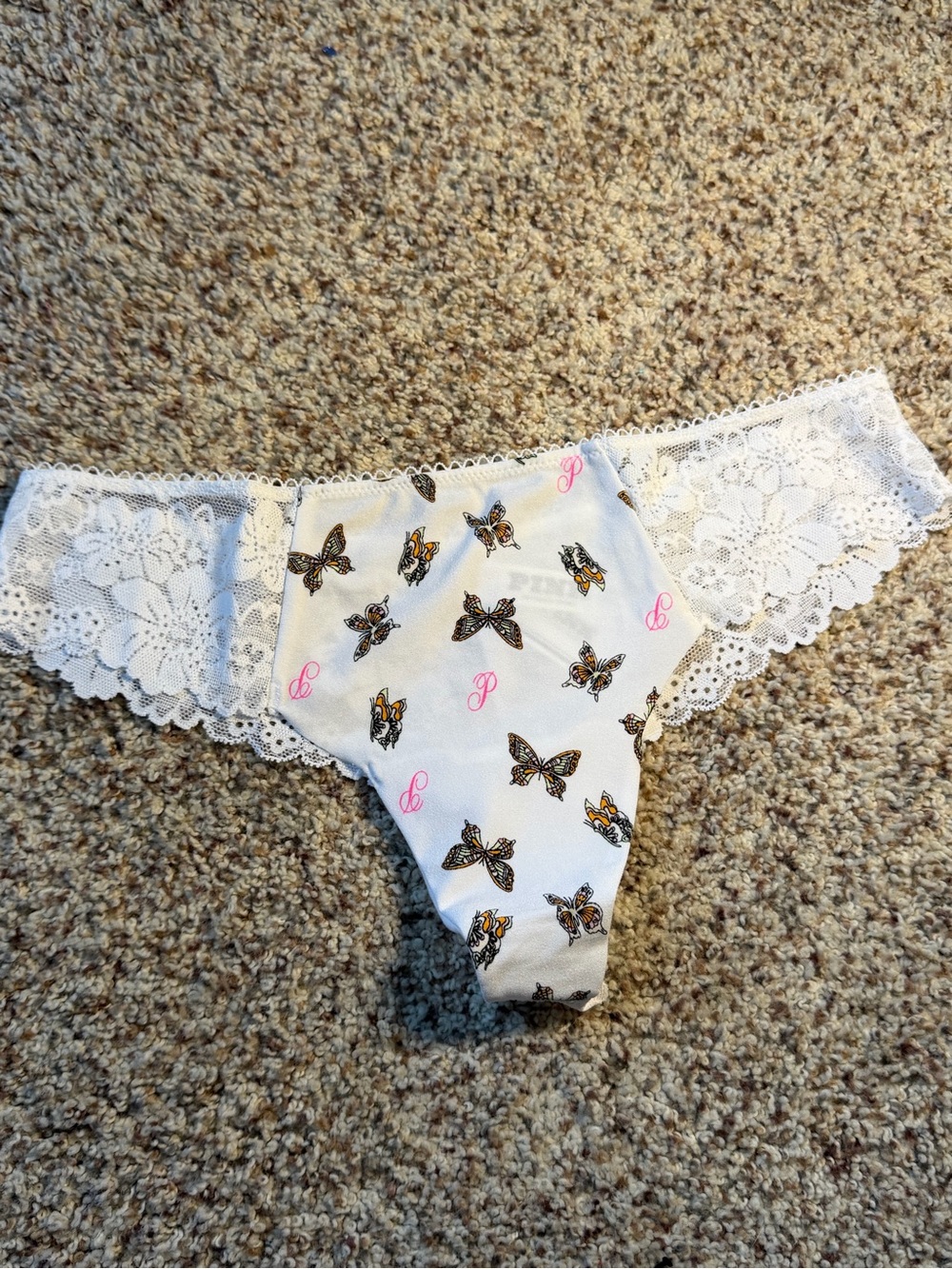 Victorias Secret PINK White Butterfly Lace Thong size S NWT